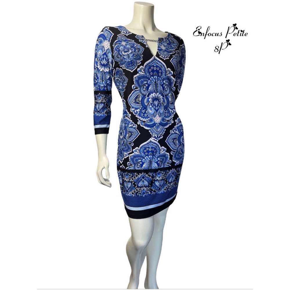 enfocas Petite Blue Silver Neck Chain Detail Dress